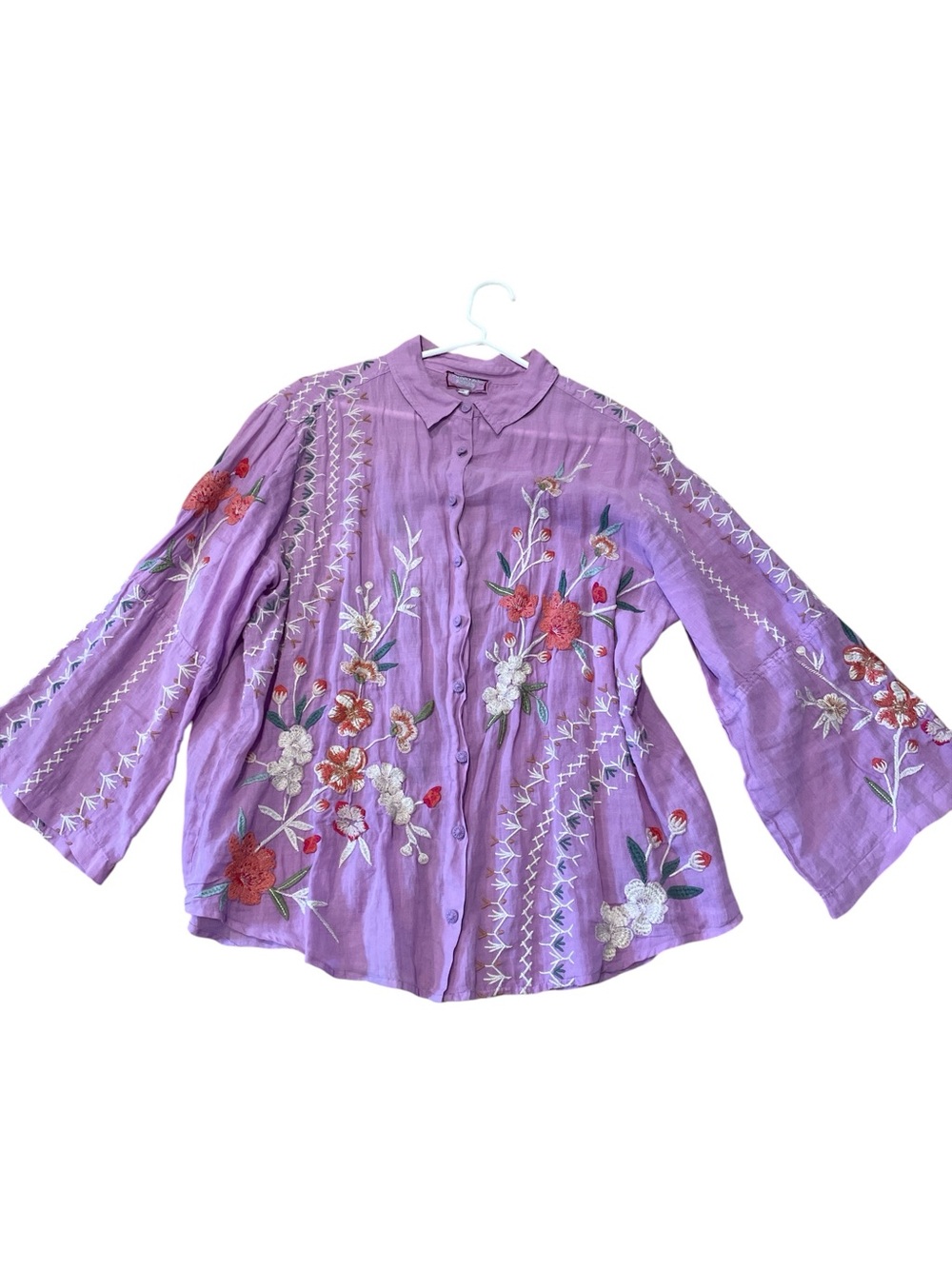 Johnny Was Lavender Floral Embroidered Button-Down Shirt - Picture 2 of 7
